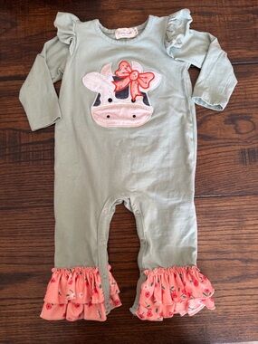 Marie Nicole Green Cow Appliqué Romper with Coral Ruffle Cuffs